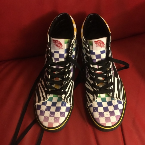 New Vans Customs Sk8-Hi multi color checkerboard animal mix sneakers zebra M 7 - Picture 1 of 7